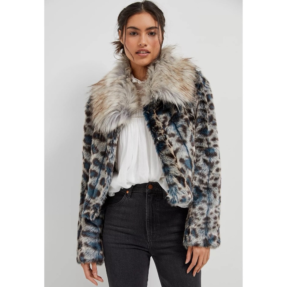 Unreal Fur Eye Of The Tiger Jacket (Sz XS) Cropped Vegan Faux Fur Teal Leopard